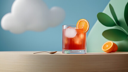 classic cocktail served in crystal glass, featuring ice and orange slice, set against colorful background with clouds and greenery