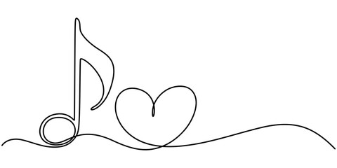Abstract note as continuous lines drawing on white background. Vector, Treble clef continuous one line drawing. Music note with love sign. Isolated on white background vector illustration. Pro vector.
