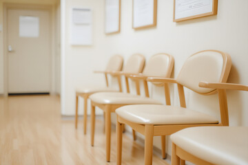 Waiting room chairs line a hallway, suggesting anticipation or routine.  The neutral tones evoke calm or sterility.  The empty chairs heighten the sense of waiting.