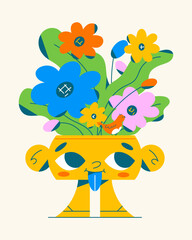 A cheerful, character-shaped flower pot with vibrant flowers and lush greenery. A small bird sits on the leaves, adding a whimsical touch. Perfect for decor, nature, and eco-friendly themes