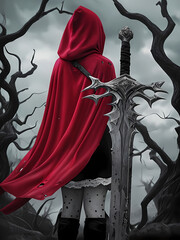 donna guerriera con un cappuccio e mantello rosso in una foresta spettrale in compagnia della sua spada, Warrior woman with a hood and red cloak in a spooky forest in the company of her sword