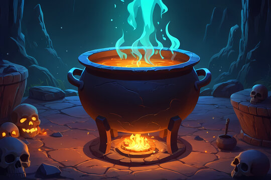 Mystical Cauldron with Glowing Magic Liquid - Fantasy Witchcraft Illustration in Dark Cave with Skulls