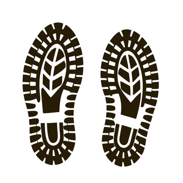 Black and white vector illustration featuring two distinct boot prints, highlighting the intricate tread pattern commonly found on hiking or trekking footwear