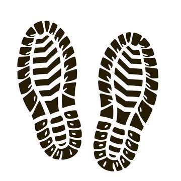 Two clearly defined black bootprints on a white background, showcasing the distinct tread pattern of hiking boots, ideal for representing outdoor activities