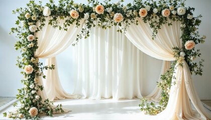 Beautiful wedding backdrop with peach roses and floral drapery for romantic ceremonies