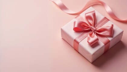 Fototapeta premium Stylish pink gift box with satin ribbon and bow on soft pastel background for celebrations