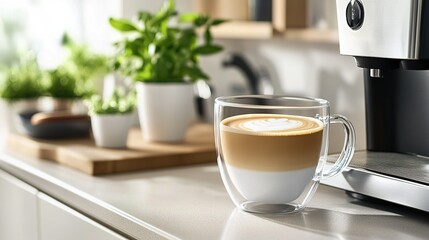 Obraz premium Latte Art in Glass Mug on Kitchen Counter