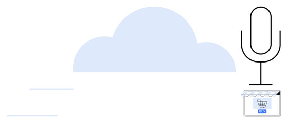 Microphone beside a cloud shape and online store icon with shopping cart. Ideal for e-commerce, digital assistant, cloud computing, online retail, voice search, smart home, and technology innovation