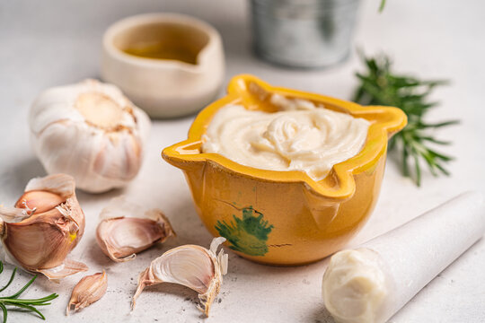 Homemade aioli or allioli garlic sauce