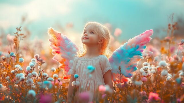 A magical, dreamy image of a little angel with glowing wings, standing among soft cotton flowers in the golden sunlight.