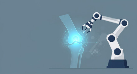 Robotic arm reaching for human knee. AI assisted orthopedic surgery treatment. Advanced trauma care. Modern knee replacement technology. Healthcare innovation. Banner, copy space. Minimal flat design.