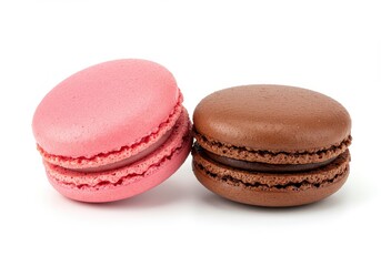 Obraz premium Two macarons one pink and one chocolate, arranged side by side isolated on white background
