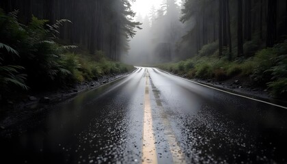Obraz premium Rainy Road Through Foggy Forest Landscape Photography