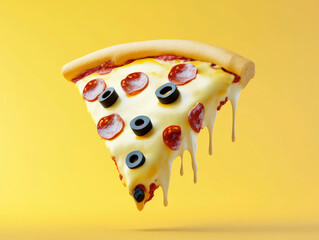 Delicious slice of pepperoni pizza with gooey cheese and olives, levitating against a bright yellow background for fresh food concepts