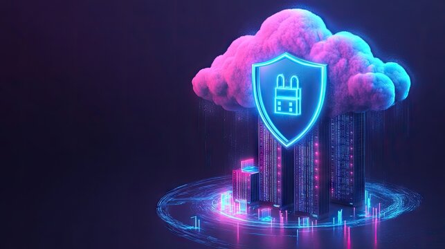 Advanced cloud computing protection with a neon blue security shield and secure server racks.
