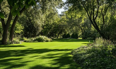 Lush green lawn dappled sunlight serene garden