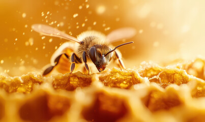Captivating Close-Up of a Bee Collecting Honey, Showcasing the Intricate Details of Nature’s Pollinator in a Glimmering Golden Environment
