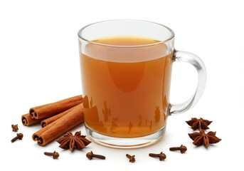Glass mug of chai tea surrounded by cinnamon sticks, star anise and cloves isolated on white background