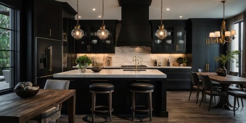 Elegant Dark Kitchen Island and Dining Area Design