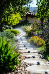 Serene garden path, sprinklers water lush plants.