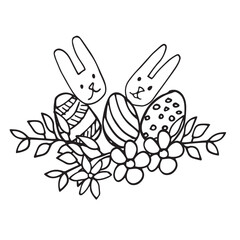 Vector easter composition with doodle elements illustration eggs plant elements flowers leaves . Design for greeting card and invitations highlighted on a white background