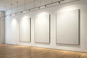 Modern Art Gallery With Blank Canvases Spotlighted On A White Wall Interior