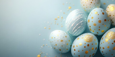 Beautifully decorated blue Easter eggs with gold accents arranged on a pastel background during spring celebration