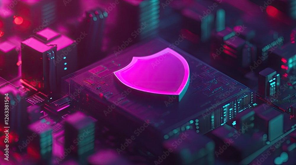 Poster cybersecurity visualization with a digital shield icon protecting sensitive server data.