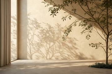 Bright Interior Featuring a Tree Casting Shadows on Beige Walls Modern
