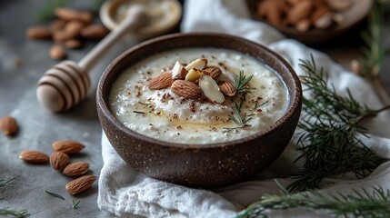 Creamy almond dessert served in a rustic bowl with honey drizzle and garnishes, captured in natural light at a cozy kitchen setting