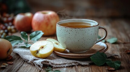 Warm cup of tea with fresh apples arranged on a rustic wooden surface during a cozy afternoon