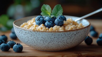 Healthy breakfast bowl with oatmeal, blueberries, and mint leaves served on wooden table during morning light