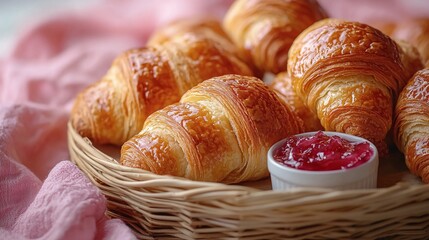 Freshly baked croissants with strawberry jam served in a woven basket on a pink cloth
