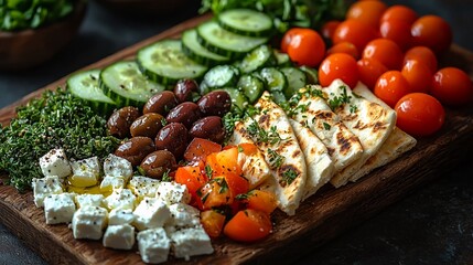 Fresh vegetables, olives, and cheese arranged beautifully on a wooden platter for a healthy meal
