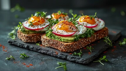 Delicious avocado toast with sunny side up eggs, radishes, and microgreens on a dark slate serving board