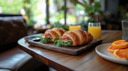 Freshly baked croissants filled with ham and greens served on a wooden board in a cozy cafe setting