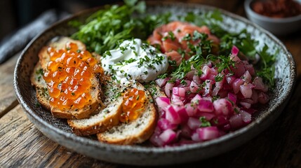 Delicious brunch plate featuring smoked salmon, fresh herbs, and tangy sauce served on rustic wooden table