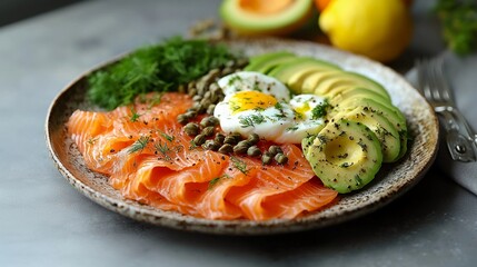 Healthy brunch with smoked salmon, avocado, and poached egg on a rustic plate