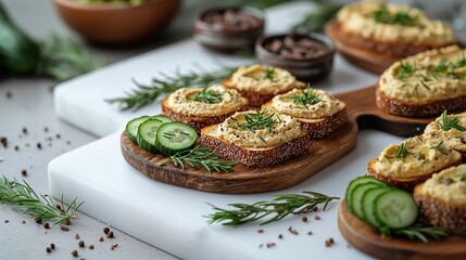 Tasty and colorful appetizer spread with hummus, herbs, and crunchy vegetables on a wooden serving board