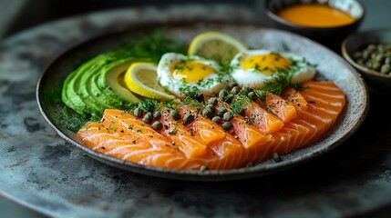 Freshly prepared salmon sashimi served beautifully with garnishes and accompaniments on a rustic plate