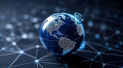 Digital Globe with Binary Code and Connectivity Nodes Representing Global Data and Technology Networks in Blue and Black Background