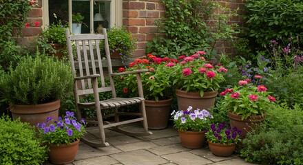 Relaxing Patio Garden with Rocking Chair and Colorful Flowers