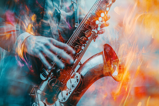 Generative AI Image of a Jazz Performer Playing a Saxophone in a Vibrant Atmosphere