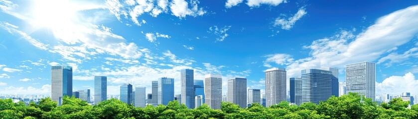 Obraz premium Sunny cityscape, green trees, blue sky, urban landscape, real estate