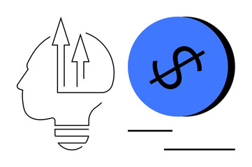 Head silhouette with upward arrows and a blue dollar sign circle. Ideal for finance, growth, intelligence, investment, business, innovation, savings. Abstract line flat metaphor