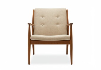 Fototapeta premium A mid-century modern wooden chair with beige upholstered seat and backrest isolated on a white background