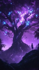 Figure stands before a large tree in a purple landscape