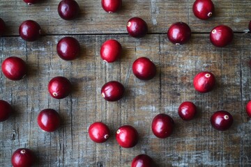 Overhead view of fresh cranberries scattered on rustic wooden planks, showcasing their natural beauty and vibrant color, perfect for holiday themes.