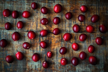 An overhead view of ripe cranberries scattered across a textured wooden table, highlighting their deep red hue, perfect for a festive, healthy holiday backdrop.