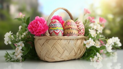 Fototapeta premium basket filled with colorful Easter eggs, decorated with intricate patterns, surrounded by blooming spring flowers and green grass